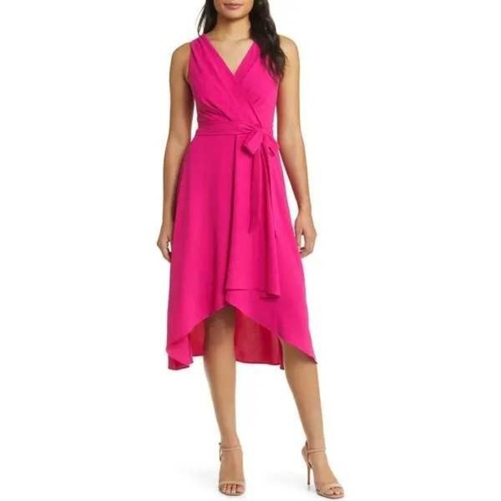 NWT Connected Apparel Women's Tie Belt Faux Wrap High-Low Dress pink size 8